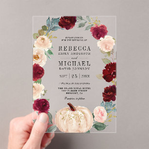 Rustic Burgundy and Peach Floral Pumpkin Wedding Acrylic Invitations