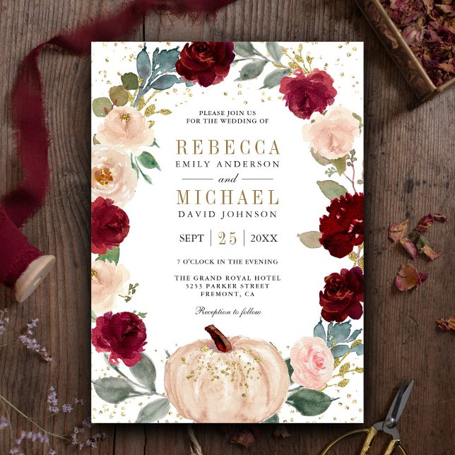 Rustic Burgundy and Peach Floral Pumpkin Wedding Invitation (Creator Uploaded)