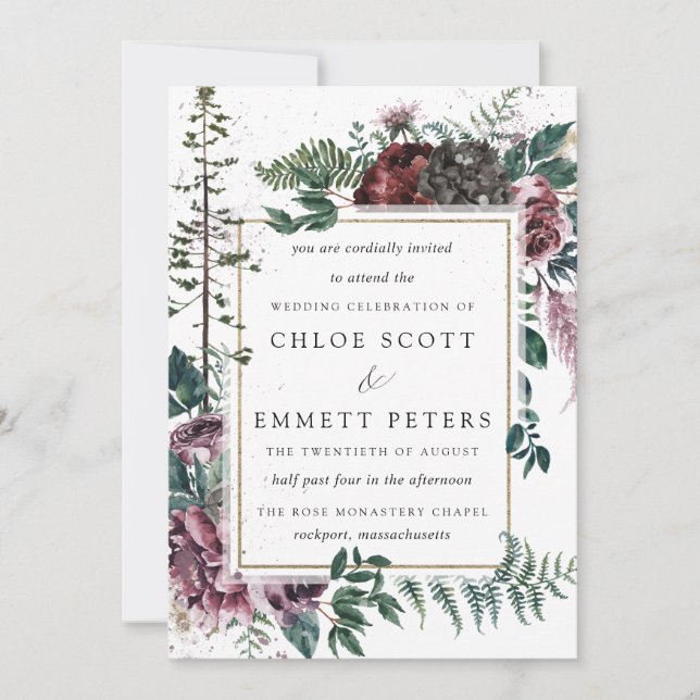 Rustic Burgundy and Pine Botanical Wedding Invitation (Front)