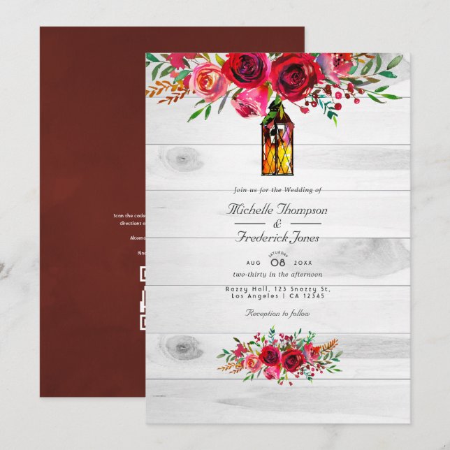 Rustic Burgundy and Pink Floral QR Code Wedding Invitation (Front/Back)
