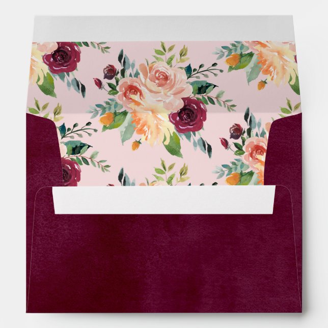 Rustic Burgundy and Pink Watercolor Floral Wedding Envelope (Back (Bottom))