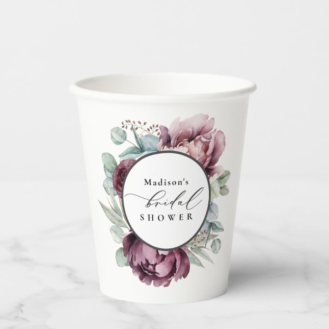 Rustic Burgundy and Plum Floral Bridal Shower Paper Cups (Front)