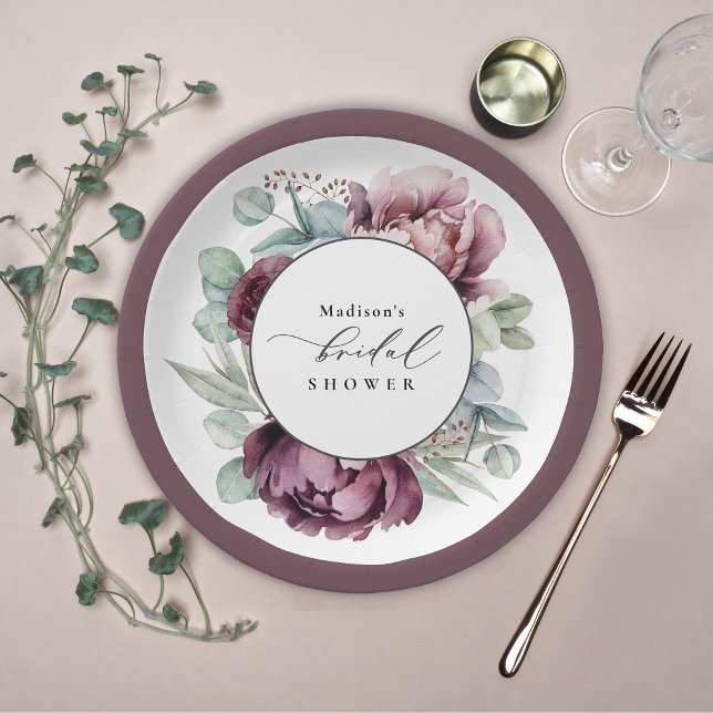 Rustic Burgundy and Plum Floral Bridal Shower Paper Plate (Pretty paper plates for your bridal shower to personalize with the bride's name.)