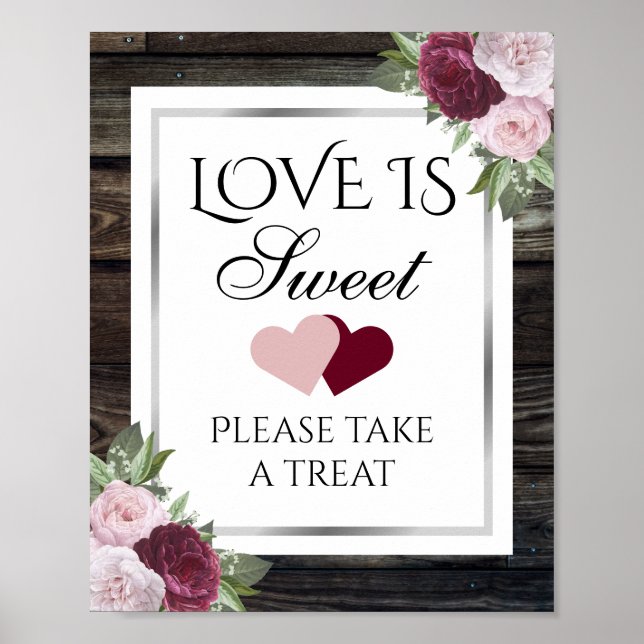 Rustic Burgundy and Silver Wedding Candy Bar Sign (Front)