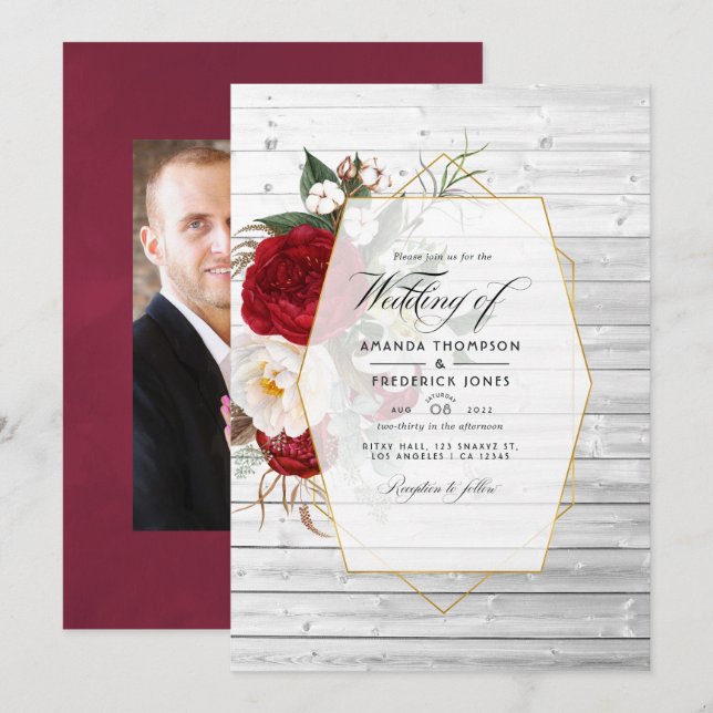 Rustic Burgundy and White Floral Geometric Wedding Invitation (Front/Back)