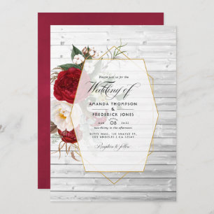 Rustic Burgundy and White Floral Geometric Wedding Invitation