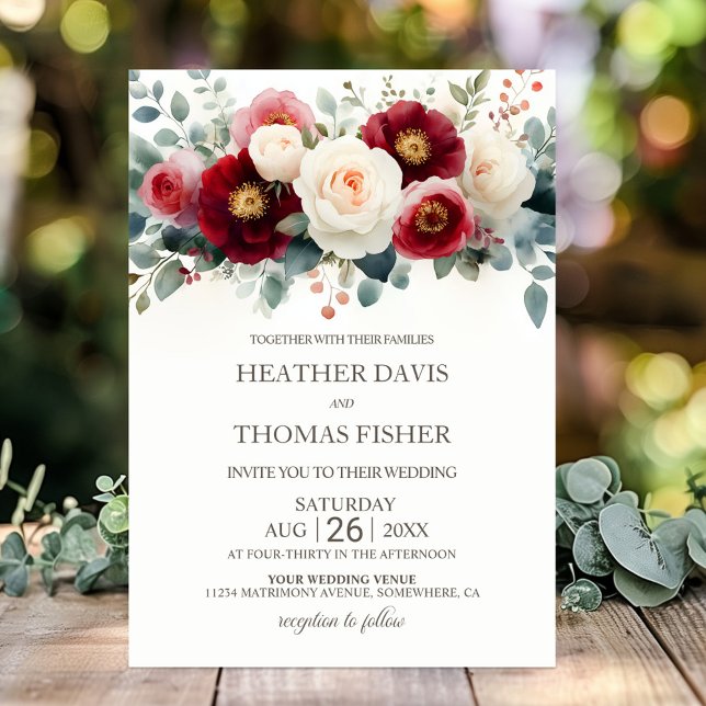 Rustic Burgundy and White Floral Wedding Invitation (Creator Uploaded)