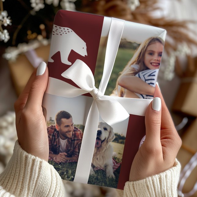 Rustic Burgundy Bears Photo Collage Christmas Wrapping Paper (Creator Uploaded)