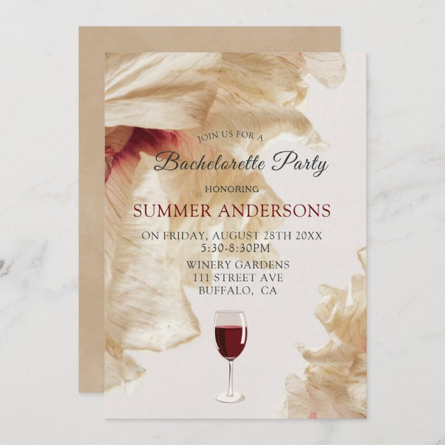 Rustic Burgundy Beige Anemone Bachelorette Party Invitation (Front/Back)