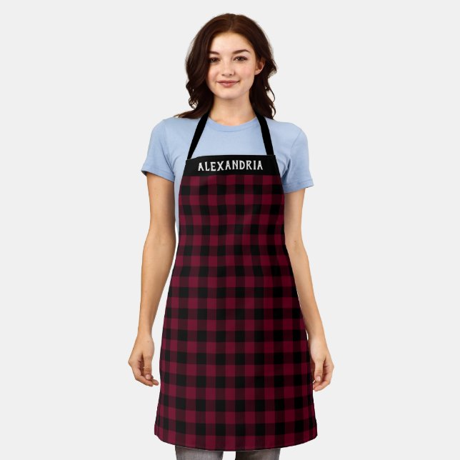 Rustic Burgundy Black Buffalo Plaid Custom Holiday Apron (Worn)