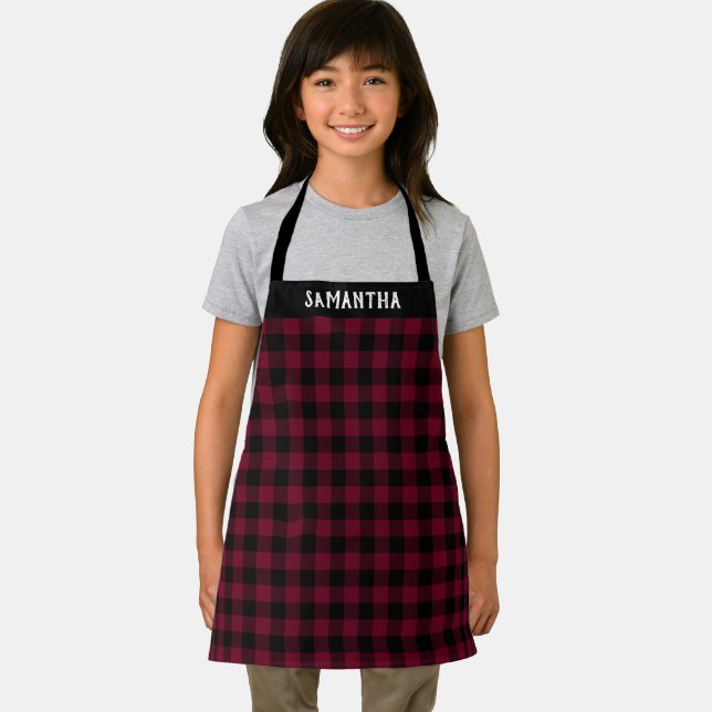 Rustic Burgundy Black Buffalo Plaid Holiday Custom Apron (Insitu)