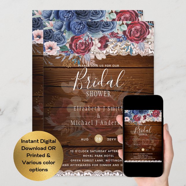 Rustic Burgundy Blue Floral Bridal Shower Digital Invitation (Creator Uploaded)