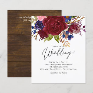 Rustic Burgundy Blue Floral Budget Wedding Invites