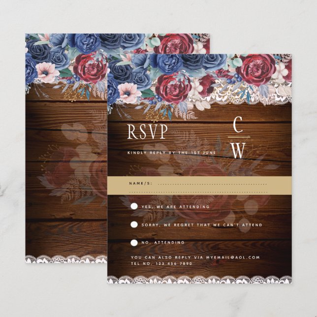 Rustic Burgundy Blue Floral Lace Wedding RSVP (Front/Back)