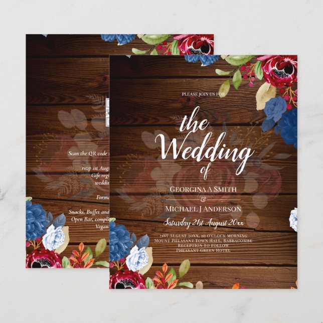 Rustic Burgundy Blue Floral Wedding (Front/Back)