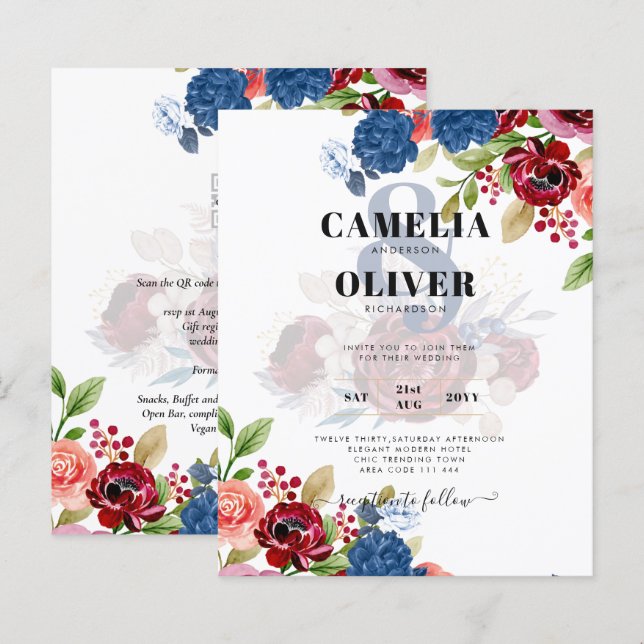 Rustic Burgundy Blue Floral Wedding (Front/Back)