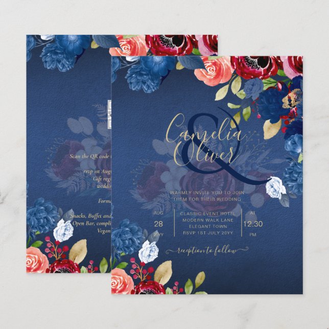 Rustic Burgundy Blue Floral Wedding (Front/Back)
