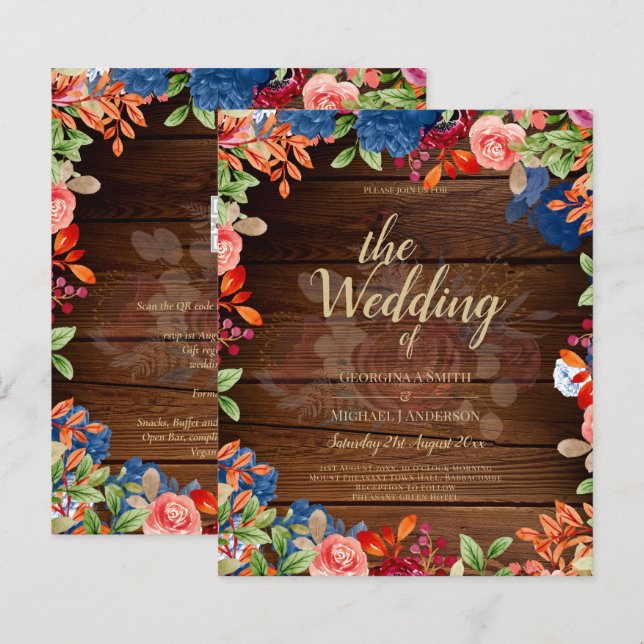 Rustic Burgundy Blue Floral Wedding (Front/Back)