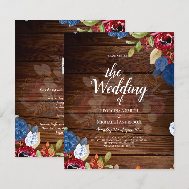 Rustic Burgundy Blue Floral Wedding (Front/Back)