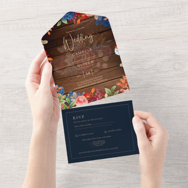 Rustic Burgundy Blue Floral Wedding All In One Invitation (Tearaway)
