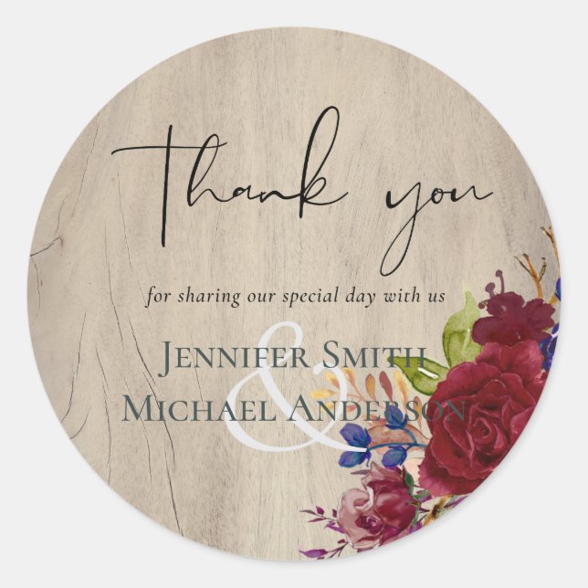 Rustic Burgundy Blue Floral Wedding Classic Round Sticker (Front)