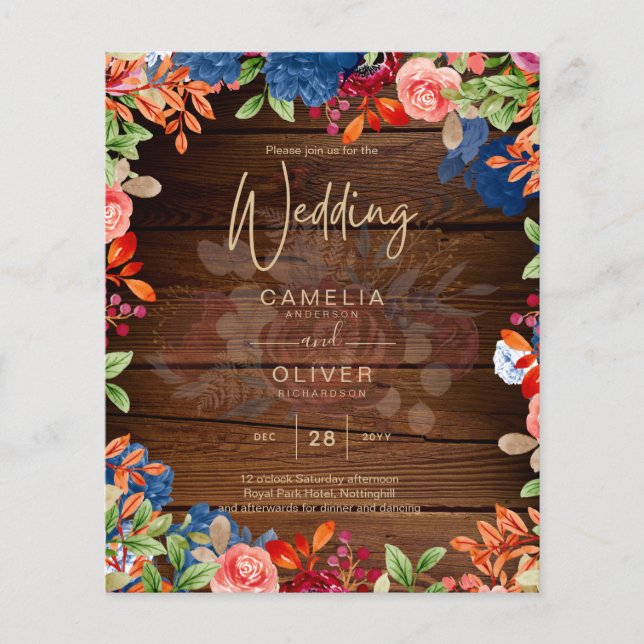 Rustic Burgundy Blue Floral Wedding Flyer (Front)