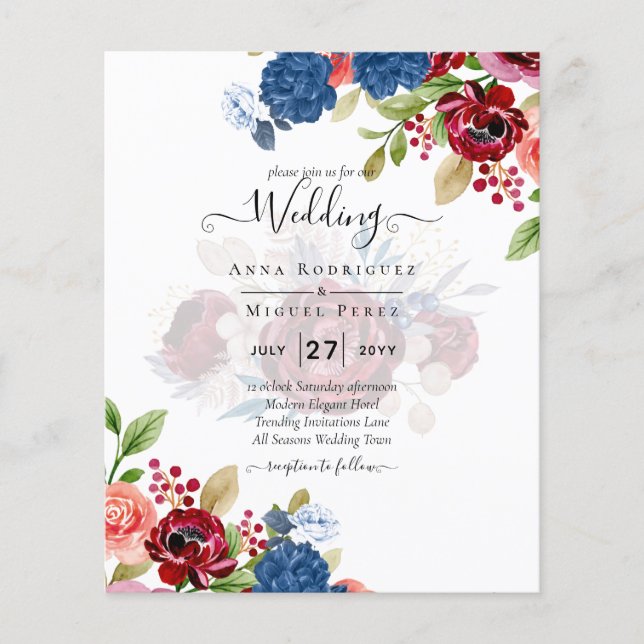 Rustic Burgundy Blue Floral Wedding Flyer (Front)