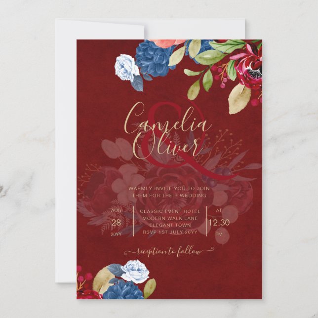 Rustic Burgundy Blue Floral Wedding Invitation (Front)