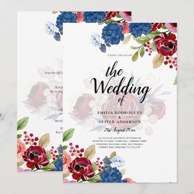 Rustic Burgundy Blue Floral Wedding Invitation (Front/Back)