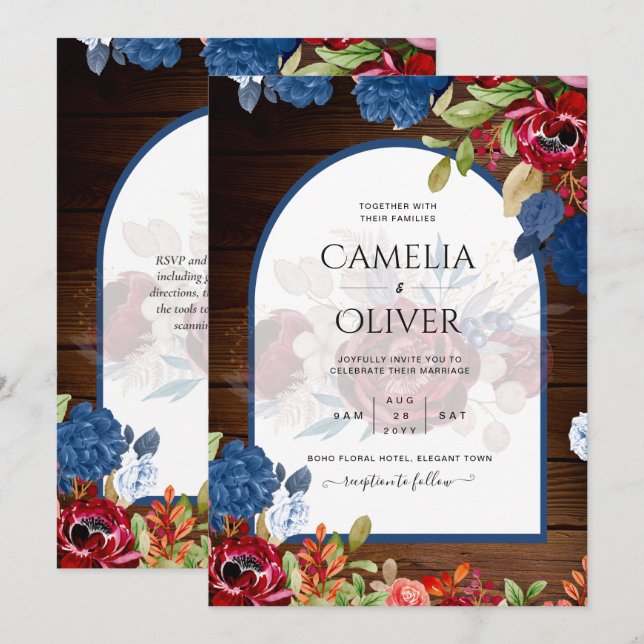 Rustic Burgundy Blue Floral Wedding Invitation (Front/Back)