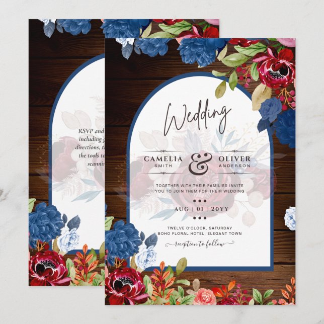 Rustic Burgundy Blue Floral Wedding Invitation (Front/Back)