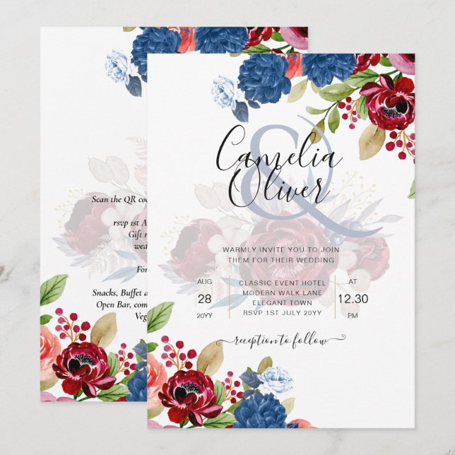 Rustic Burgundy Blue Floral Wedding Invitation (Front/Back)