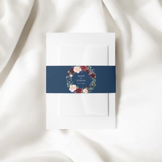 Rustic Burgundy Blue Floral Wedding Invitation Belly Band (Creator Uploaded)