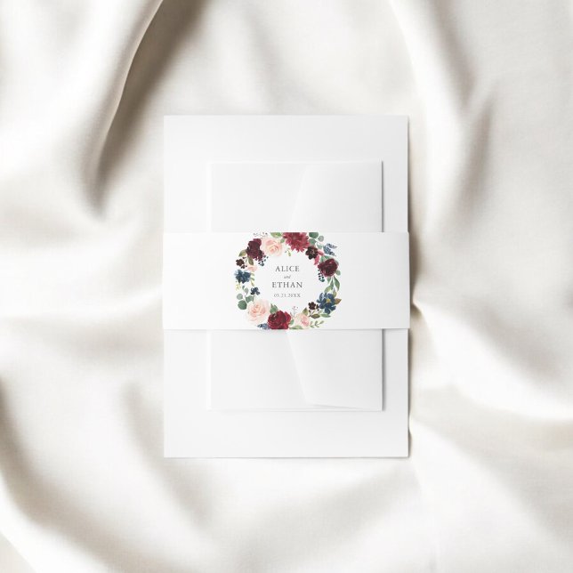 Rustic Burgundy Blue Floral Wedding Invitation Belly Band (Creator Uploaded)