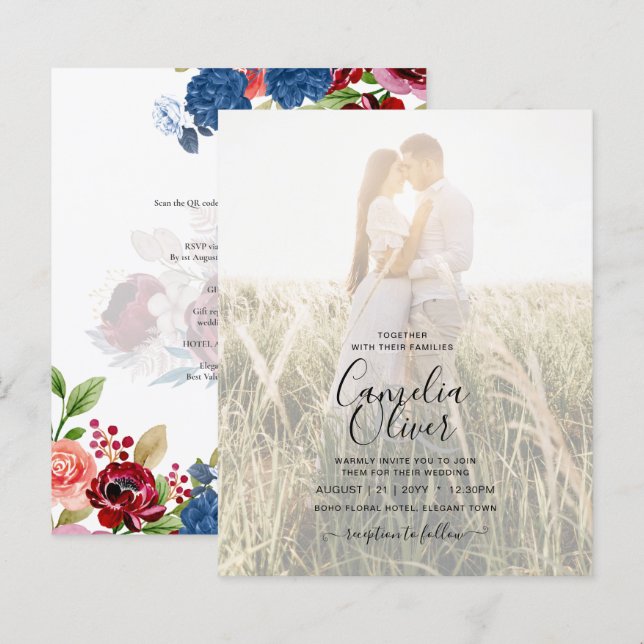 Rustic Burgundy Blue Floral Wedding PHOTO INVITE (Front/Back)