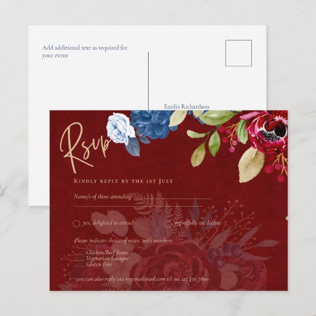 Rustic Burgundy Blue Floral Wedding RSVP Postcard (Front/Back)