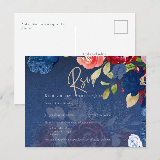 Rustic Burgundy Blue Floral Wedding RSVP Postcard (Front/Back)