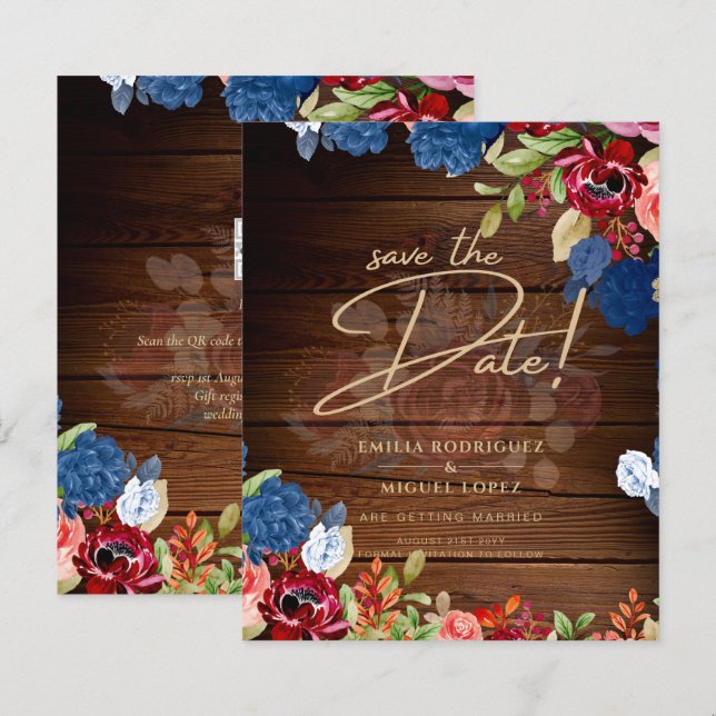 Rustic Burgundy Blue Floral Wedding SAVE THE DATE (Front/Back)