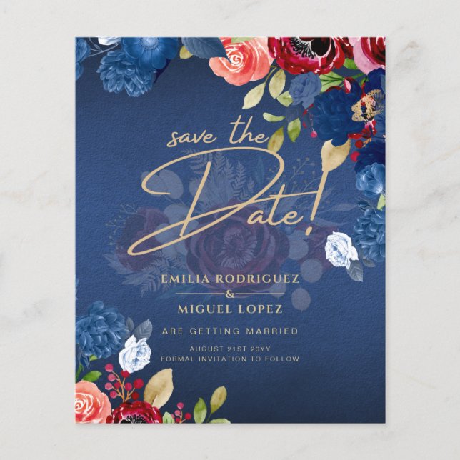 Rustic Burgundy Blue Floral Wedding SAVE THE DATE (Front)