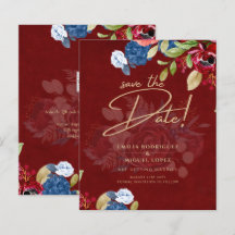 Rustic Burgundy Blue Floral Wedding SAVE THE DATE