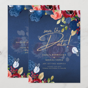 Rustic Burgundy Blue Floral Wedding SAVE THE DATE Invitation