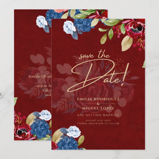 Rustic Burgundy Blue Floral Wedding SAVE THE DATE Invitation (Front/Back)