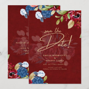 Rustic Burgundy Blue Floral Wedding SAVE THE DATE Invitation