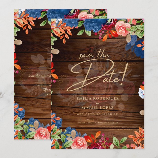 Rustic Burgundy Blue Floral Wedding SAVE THE DATE Invitation (Front/Back)