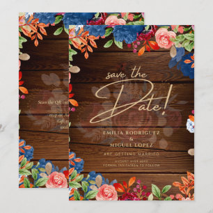 Rustic Burgundy Blue Floral Wedding SAVE THE DATE Invitation