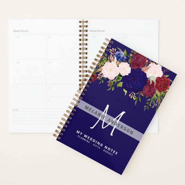 Rustic Burgundy Blue Pink Floral Wedding Planning Planner (Display)