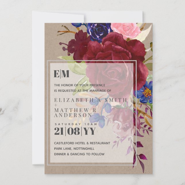 Rustic Burgundy Blue Rose Floral Wedding Invites (Front)