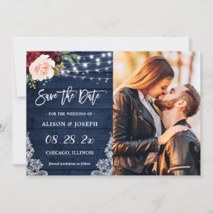 Rustic Burgundy Blue String Lights Wedding Photo Save The Date
