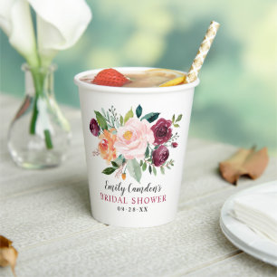 Rustic Burgundy Blush Fall Floral Bridal Shower Paper Cups