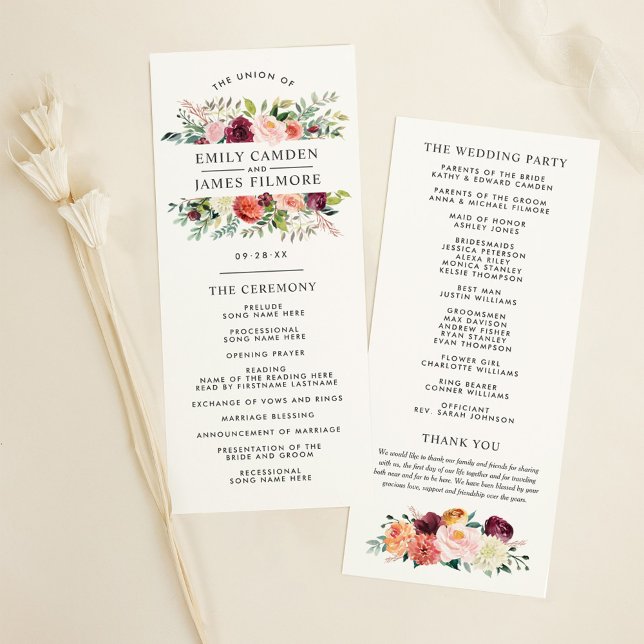 Rustic Burgundy Blush Fall Floral Wedding Ceremony Programme (Creator Uploaded)